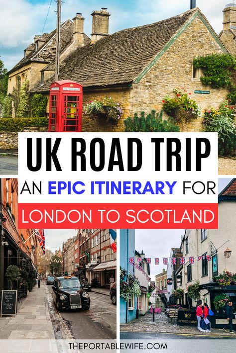 Plan a UK road trip itinerary from England to Scotland with this self drive UK holiday guide. Discover the best UK travel destinations on your British road trip, including London, Stonehenge, Bath, a Cotswolds driving tour, scenic Lake District drives, and more! Includes a UK road trip map and British travel tips. | England road trip | Scotland road trip | UK road trip ideas | UK holiday destinations | UK travel itinerary | UK travel wanderlust | UK travel places | Uk Road Trip, Uk Holiday Destinations, London To Scotland, Uk Travel Itinerary, Road Trip Uk, Scotland Road Trip, Uk Holiday, Day Trips From London, Uk Holidays