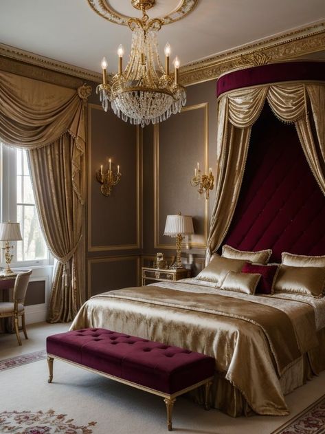 Glamorous bedroom ideas with a luxurious color palette and opulent decor, incorporating a chandelier and velvet accents. #BedroomIdeas #BedroomDesign Burgundy Bedroom Ideas, Burgundy Bedroom, Royal Bedroom Design, Eclectic Bedroom Design, Tropical Bedroom Decor, Royal Bedroom, Black Bedroom Decor, Fantasy Bedroom, Luxe Bedroom