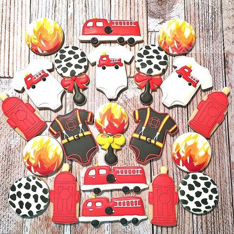 Firefighter themed baby shower cookies. Complete with fire hydrant baby bottle! #firefightercookies #BabyShowerCookies #decoratedsugarcookies #SweetTemptationsByNicole Fire Truck Cupcakes, Fireman Baby Showers, Firefighter Cookie, Firefighter Baby Showers, Fire Truck Party, Firefighter Baby, Boy Nursery Themes, Baby Boy Nursery Themes, Nicole Smith