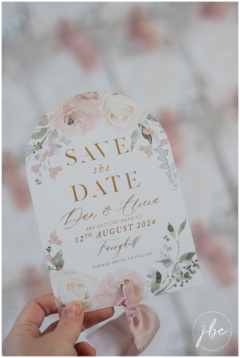 Hand pressed gold foil wedding save the dates with floral design and pink silk ribbon. Perfect for a spring or summer wedding Round Top Save the Date – JB Creatives Pink Save The Date, Pink Wedding Stationery, Pink Silk Ribbon, Foil Save The Dates, Bespoke Wedding Stationery, Floral Save The Dates, Gold Foil Wedding, Flower Wedding Invitation, Round Top