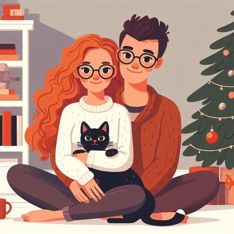 Couple And Cat Drawing, Family Illustration Art Inspiration, Cat Family Drawing, Family Illustration Art, Funny Photoshoot Ideas, Couple Illustration Wedding, Wedding Illustration Card, Family Cartoon, Couple Illustration