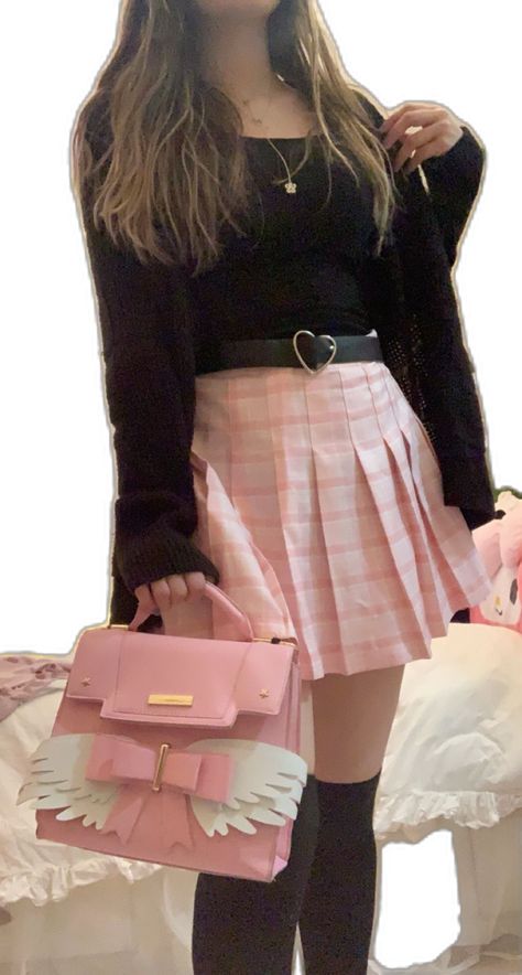 How To Style Pink Skirt Aesthetic, Black And Pink Skirt Outfit, Pastel Winter Outfit Classy, Pink And Black Plaid Skirt Outfit, Pastel Pink Skirt Outfit, Pink Edgy Outfits, Cute Pink And Black Outfits, Faldas Rosas Outfit, Pink Outfits Skirt