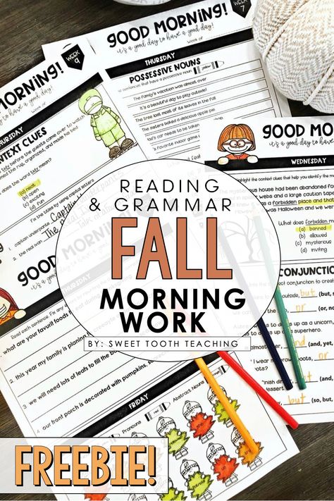 Free Fall Activities, Fall Morning Work, Fall Reading Activities, Grammar Comprehension, Fall Themed Activities, Free Morning Work, Math Stem Activities, Clutter Free Classroom, Math Stem