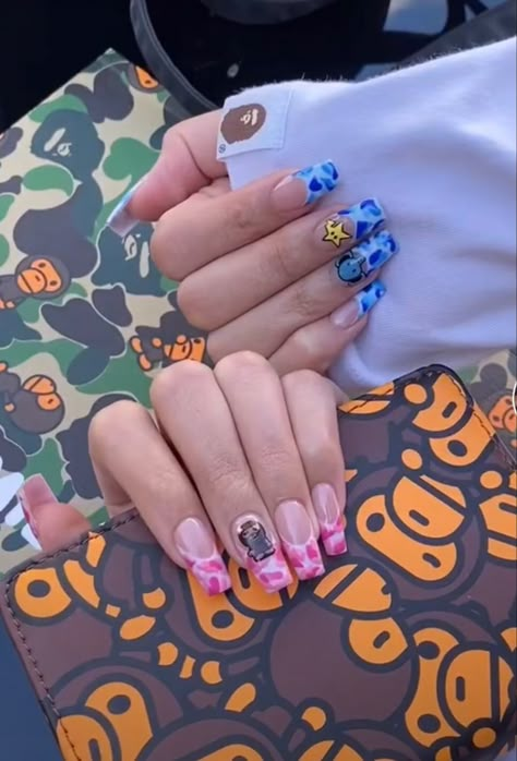 Bape Nails, Kaws Nails, Sneaker Nails, Plain Acrylic Nails, Nails Birthday, Mens Nails, Grunge Nails, Exotic Nails, Cat Nails