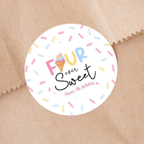 $7.25 | Four Ever Sweet Ice Cream 4th Birthday Party - ice cream sweets sprinkles, pink blue yellow, girl girly cute, birthday party, dinner dessert entree, decor decorations, summer treats, party favor stickers, fourth four 4th 4, four ever sweet Four Birthday, Four Ever Sweet, 4th Birthday Party, Baby Birthday Decorations, Birthday Souvenir, Happy 4th Birthday, Fourth Birthday, 4th Birthday Parties, Birthday Party Favors