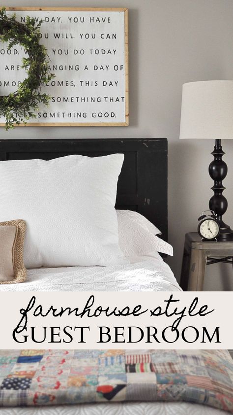 A beautiful farmhouse guest bedroom full of vintage finds and pretty details. Decorating ideas to make your guest bedroom an inviting place for friends and family. Guest Farmhouse Bedroom, Rustic Farmhouse Guest Bedroom, Modern Farmhouse Guest Room Ideas, White Bedroom Ideas Farmhouse, Farmhouse Guest Room Decor, Farmhouse Style Guest Bedroom, Modern Farmhouse Guest Bedroom Ideas, Guest Bedroom Ideas 2023, Guest Bedroom Black Furniture