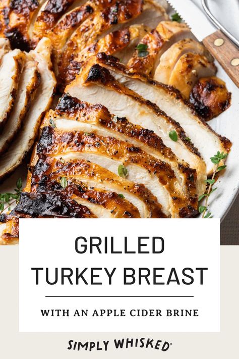 Want to change things up this Thanksgiving? Try grilling your turkey instead. This grilled turkey breast is soaked overnight in an apple cider brine and grilled until it's perfectly tender with a crispy golden skin. It's so good it doesn't even need gravy. Serve it with your favorite sides for a simple holiday meal that cooks in about an hour. Apple Cider Brine, Grilled Turkey Breast, Thanksgiving Turkey Breast, Brined Turkey Breast, Dairy Free Thanksgiving, Golden Skin, Grilled Wings, Grilled Chicken Wings, Turkey Breast Recipe