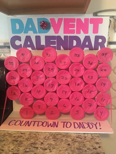 Countdown calendar to Daddy returning from deployment. This was pretty quick to make using Dixie cups, paper cupcake liners, and rubber bands. I added small treats to the cups, closed them up and used Gorilla glue to attach to a foam board. Retirement Countdown Ideas Fun, Deployment Countdown For Kids, Deployment Crafts, Deployment Kids, Deployment Wall, Deployment Countdown, Retirement Countdown, Countdown For Kids, Paper Cupcake Liners