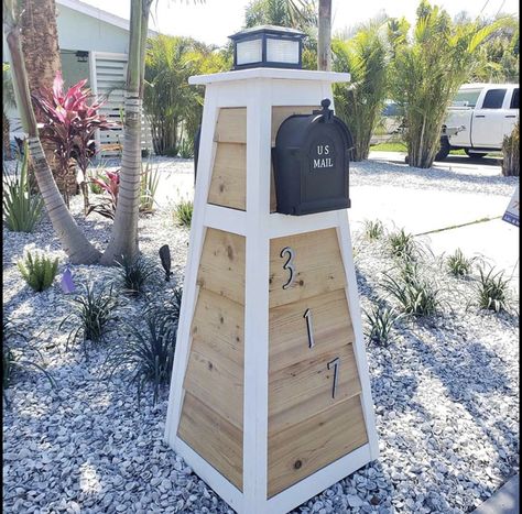 Lighthouse Mailbox Diy, Lighthouse Mailbox Ideas, Lighthouse Yard Decor, Coastal Mailbox Ideas Curb Appeal, Nautical Mailbox Ideas, Coastal Mailbox Ideas, Mailbox Upgrade, Coastal Mailbox, Yard Lighthouse