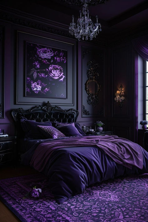 Pair black with royal purple accents for a majestic and luxurious bedroom. This combination creates a sophisticated and opulent design. Discover more regal black bedroom designs here. Black And Purple Bedroom Ideas, Dark Purple Bedroom Ideas, Black And Purple Bedroom, Dark Purple Bedroom, Purple Themed Bedroom, Witchy Bedroom Ideas, Moody Romantic Bedroom, Dark Feminine Bedroom, Purple Bedroom Ideas