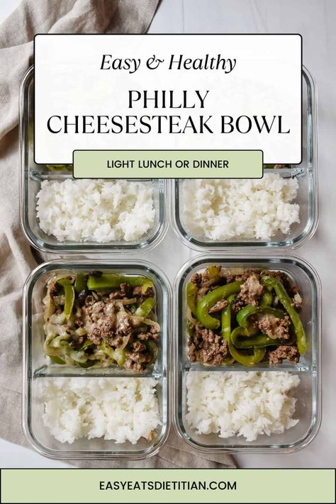 This high protein philly cheesesteak bowl is perfect for an easy and healthy meal prep lunch for busy weeks and it can also be made for a busy weeknight dinner! It's packed in veggies, lean protein and served with white rice to provide complex carbs to keep you full for hours. It's so simple, yet so complex in flavor and each bite is so satisfying! #mealprep #mealpreplunch #easymealprep #healthylunch #healthylunchrecipe #phillycheesesteak Bariatric Meal Prep High Protein Lunch Ideas, High Protein Lunch Prep For The Week, High Protein Meal Prep Easy, Meal Prep Bowls High Protein, Quick Easy High Protein Lunch, High Protein Simple Meals, High Protein And Veggie Meals, Meal Prep High Protein Lunch, Meal Prep Ideas Low Carb