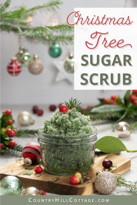 How to make easy homemade Christmas tree body scrub recipe with woodsy essential oils. The easy DIY coconut oil sugar scrub has many skincare benefits, perfect for exfoliating and glowing skin. The simple natural moisturizing pine sugar scrub is an affordable handmade Holiday gift idea. With tips for storage, how to use, packaging ideas in mason jars and free printable labels. Great for legs, feet, hands and lips. #sugarscrub #Christmasgift #bodyscrub #gift #exfoliation | CountryHillCottage.com Diy Body Scrub Christmas Gift, Easy Treats For Christmas Gifts, Cranberry Crafts Christmas, Diy Self Care Christmas Gifts, Christmas Sugar Scrub Recipes, Christmas Hand Scrub, Diy Christmas Sugar Scrub, Christmas Body Scrubs, Christmas Sugar Scrub Diy