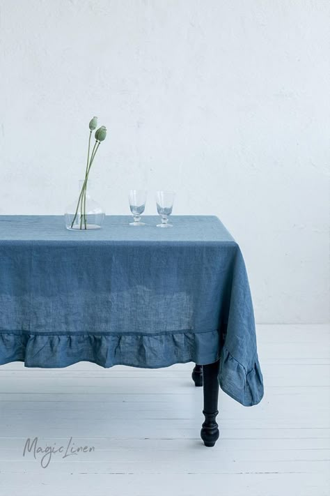 Stylish Indoor and Outdoor Tablecloths for Summer | Apartment Therapy Ruffled Tablecloth, Linen Tablecloths, Ruffle Linen, Outdoor Tablecloth, Farmhouse Style Kitchen, Elegant Dining, Close Friends, Table Cover, Linen Tablecloth