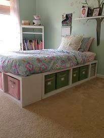 Twin Storage Beds Twin Bed Made From Storage Cubes, Storage Cube Bed Frame Twin Diy, Twin Bed With Cubby Storage, Raised Bed With Storage Underneath Diy, Cube Storage Under Bed, Twin Storage Bed Diy, Kallax Single Bed, Xl Twin Bed Ideas, Diy Twin Bed Frame With Storage