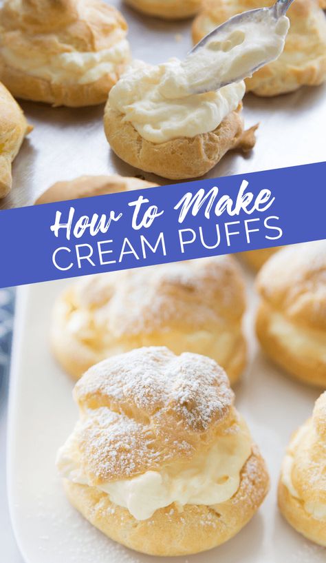 Easy Cream Puffs Cream Puff Recipe Easy, Cream Puff Pastry Recipes, Best Cream Puffs Recipe, Mini Cream Puffs Recipe Easy, Homemade Cream Puffs Recipes, How To Make Cream Puffs Step By Step, Creampuffs Dessert Recipe, Giant Cream Puffs, Boston Cream Puffs