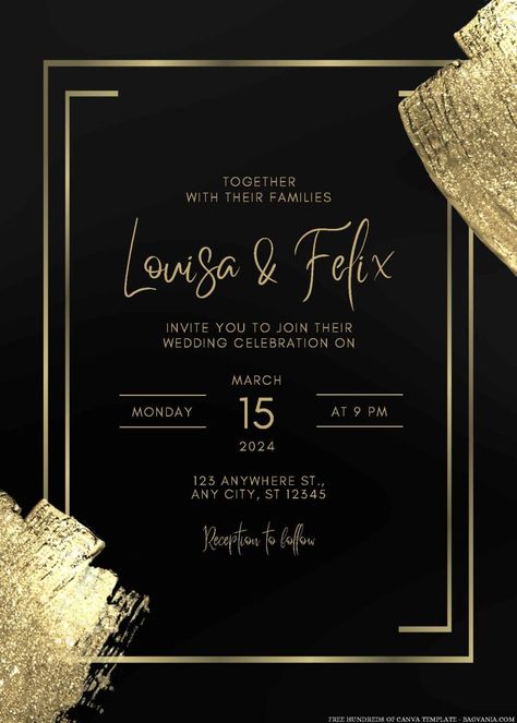 22+ Gold Glitter Swatch Canva Wedding Invitation Templates | FREE Printable Birthday Invitation Templates - Bagvania Edit Invitation Card, Invitation Card Design Black And Gold, Invitation Card Design Birthday, Birthday Invitation Card Ideas, Boho Themed Party, Black And Gold Invitations, Canva Wedding, Floral Cards Design, Free Printable Birthday Invitations