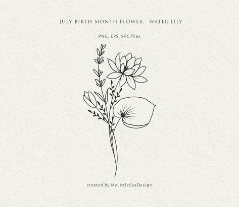 Waterlilly Tattoo, July Birth Month, Birth Month Flower Svg, Birth Flower Svg, Larkspur Tattoo, July Flower, Water Lily Tattoos, Lillies Tattoo, Lily Tattoo Design