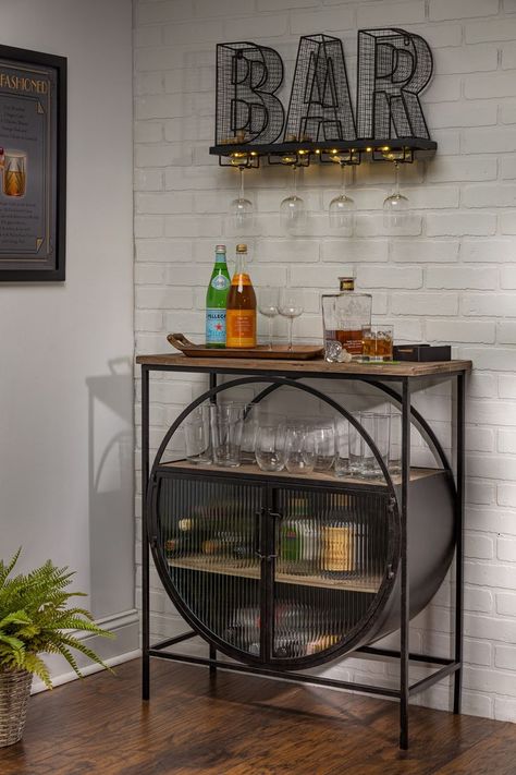 Lone Elm Studios Bar Table with Glass Doors, Black | Home bar rooms, Coffee bar home, Mini bar at home Mini Bar Salon, Black Home Bar, Small Home Bar Ideas, Mini Bar At Home, Small Bars For Home, Home Bar Rooms, Bistro Tables, Home Coffee Bar, Coffee Bar Home