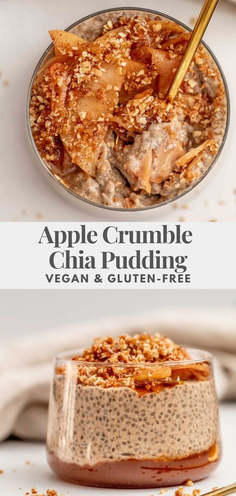 This Apple Crumble Chia Pudding is packed with all the fall flavors thanks to the addition of apple butter and warming spices. A fiber loaded breakfast that is easy to prep ahead of time. Autumn Chia Pudding, Chia Pudding Apple, Breakfast Ideas Gut Health, Warm Chia Pudding Breakfast, Fall Chia Pudding, Apple Pie Chia Pudding, Apple Chia Seed Pudding, Vegan Make Ahead Breakfast, Fall Chia Seed Pudding