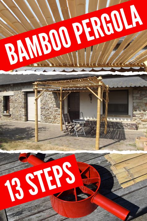 Bamboo Garden Structures, Bamboo Pergola Roof Ideas, Build With Bamboo, Bamboo Arbor Diy, Bamboo Canopy Outdoor Spaces, Bamboo Lean To, Pergola Bamboo Roof, Uses For Bamboo Poles, Diy Bamboo Fence How To Build