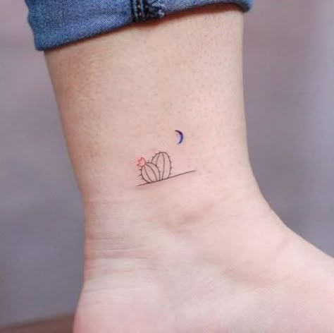 Tiny cactus ankle tattoo Dessert Flower Tattoo, Small Cactus Tattoos For Women, Small Desert Tattoos For Women, Cactus Fine Line Tattoo, Cactus Minimalist Tattoo, Mini Cactus Tattoo, Dainty Cactus Tattoo, Little Cactus Tattoo, Tiny Cactus Tattoo