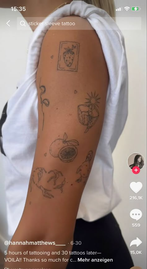 Aesthetic Patch Work Tattoos, Parchwork Sleeve, Funky Patchwork Tattoos, Women Patch Work Tattoo, Upper Arm Patchwork Tattoos For Women, Sticker Sleeve Placement, Patchwork Half Sleeve Tattoo For Women, Patch Work Women Tattoo, Dainty Sticker Sleeve