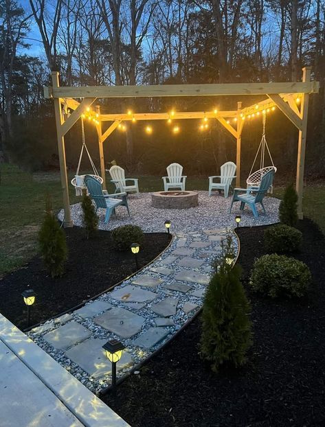 Simple Outdoor Entertaining Area, Fire Pit Location Backyards, Diy Outdoor Entertainment Area, Patio Grill Area Ideas, Outside Sitting Area With Fire Pit, Outdoor Bonfire Ideas, Firepits Backyard Diy Budget, Country Fire Pit Ideas, Large Fire Pit Ideas