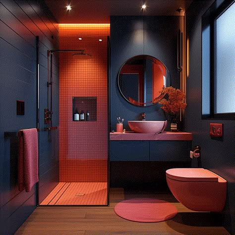 25 Bold and beautiful Dark bathroom Floor ideas that will Wow you Original Interior Design, Bathroom Design With Bathtub, Dark Red Bathroom, Bathroom Dark Floor, Dark Bathroom Floor, Budget Bathroom Design, Bathroom Floor Ideas, Dark Blue Bathroom, Bathroom Colours