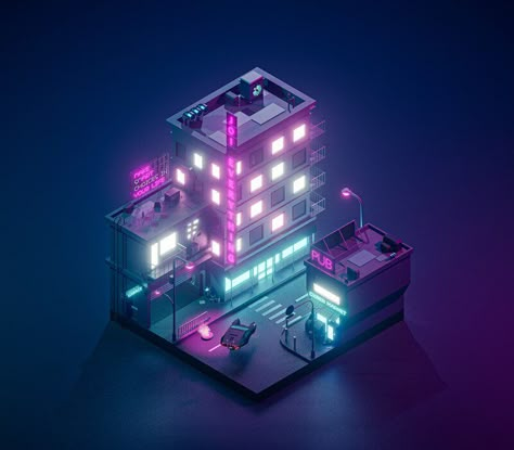 Building Cyberpunk, Cyberpunk Blender, Low Poly Cyberpunk, Futuristic City Concept Art, Futuristic Building Concept Art, Cyberpunk Diorama, Cyberpunk City Concept Art, Low Poly Sci Fi, Illustrator Isometric