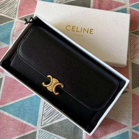 Celine Long Wallet Black Triomphe In Shiny Calfskin Celine Handbags, Celine Wallet, Long Wallet, Snap Button, Calf Skin, Card Slots, Slots, Coin, Credit Card