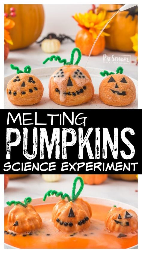 Science Experiments With Preschoolers, Preschool Baking Soda And Vinegar, Easy Preschool Halloween Activities, October Science Kindergarten, Fall Toddler Science Activities, October Activities For First Grade, Pumpkin Science For Toddlers, Halloween Project For Toddlers, Halloween Math And Science Preschool