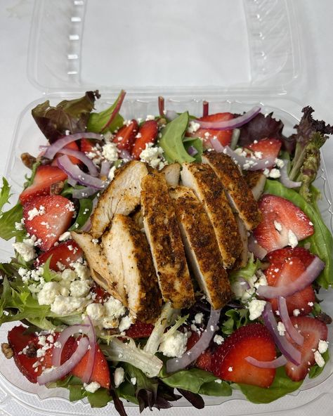 Our Strawberry Chicken Salad is a filling and nutritious salad. With juicy chicken breast, fresh strawberries, crisp red onions and feta cheese over mixed greens. This salad is perfect for hot summer days or your next special occasion. •. •. •. •. •. •. •. •. •. •. •. •. •. •. •. •. •. •. •. •. •. •. •. •. •. • •. •. •. •. •. •. •. •. •. •. •. •. •. •. •. •. •. •. •. •. •. •. •. •. •. •. •. •. •. • •. •. •. •. •. #salads #lunch #salad #chickensalad #food #foodie #dinner #instasalad #insta... Salads Lunch, Strawberry Chicken, Juicy Chicken Breast, Strawberry Chicken Salad, Lunch Salad, Red Onions, Fresh Strawberries, Mixed Greens, Juicy Chicken