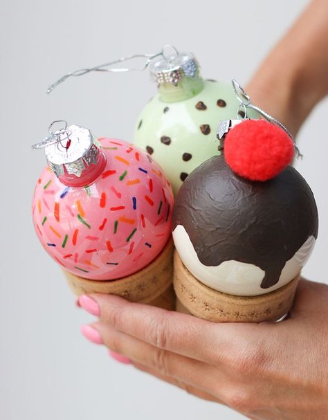 DIY: Ice Cream Cone Christmas Bauble Ornaments | My Poppet Makes Christmas Ornament Ball Ideas, Seasonal Garland, Diy Christmas Baubles, Donut Ornament, Glass Christmas Baubles, Candy Christmas Tree, Candy Tree, Donut Decorations, Candy Ornaments