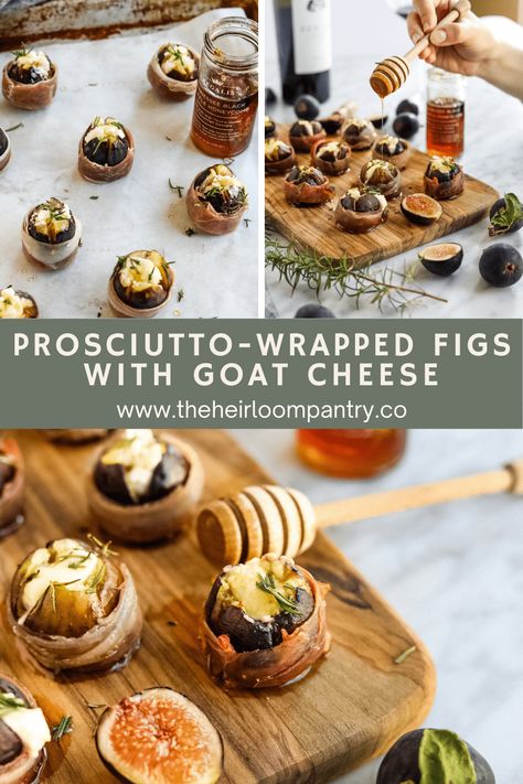 Prosciutto-Wrapped Figs with Goat Cheese is a sweet and savory fall appetizer bursting with flavor. Each fig is stuffed with goat cheese, wrapped with prosciutto, and topped with rosemary, honey, and flaky finishing salt. These figs are perfect for a date night at home, party, or holiday dinner. Figs With Cheese, Sweet Potatoes And Eggs, Tomato Tartlets, Figs With Goat Cheese, Goat Cheese Prosciutto, Spicy Tuna Crispy Rice, Tuna Crispy Rice, Stuffed Figs, Fig Appetizer