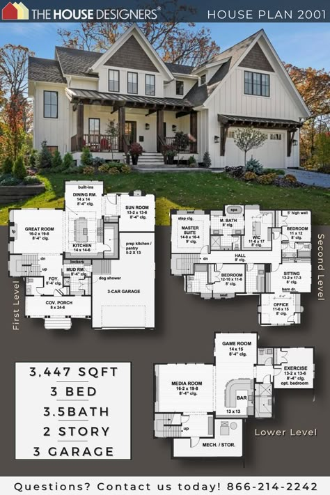 This three-bedroom farmhouse house plan would be a nice addition to any neighborhood. The thoughtful layout makes this home plan perfect for a family. A fireplace warms the great room, which hosts any gathering in style and comfort. Cozy Farmhouse Floor Plans, House Layout With Basement, Dream Home Design Floor Plans, Open Kitchen And Living Room Floor Plans, Blueprints House Floor Plans, Sims 4 Family Home Floor Plan, House With Basement Floor Plans, Cottage House Layout, Family Home Layout