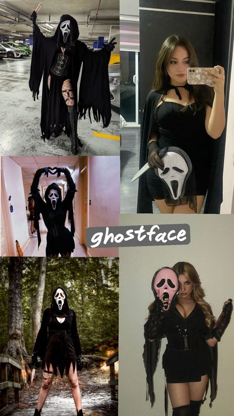 #ghostface Ghostface And Casey Costume, Hot Ghostface Costume, Female Ghostface Costume, Ghostface Makeup, Female Ghostface, Ghostface Cosplay, Ghostface Costume, Halloween Inspo, Ghost Faces