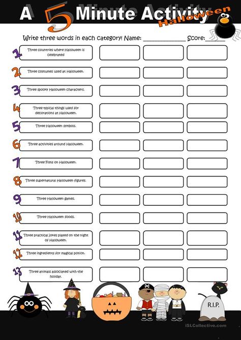 5 Minute Activity, Halloween Lesson, Halloween Worksheets, Halloween Classroom, Esl Activities, Speaking Activities, Icebreakers, English Activities, School Room