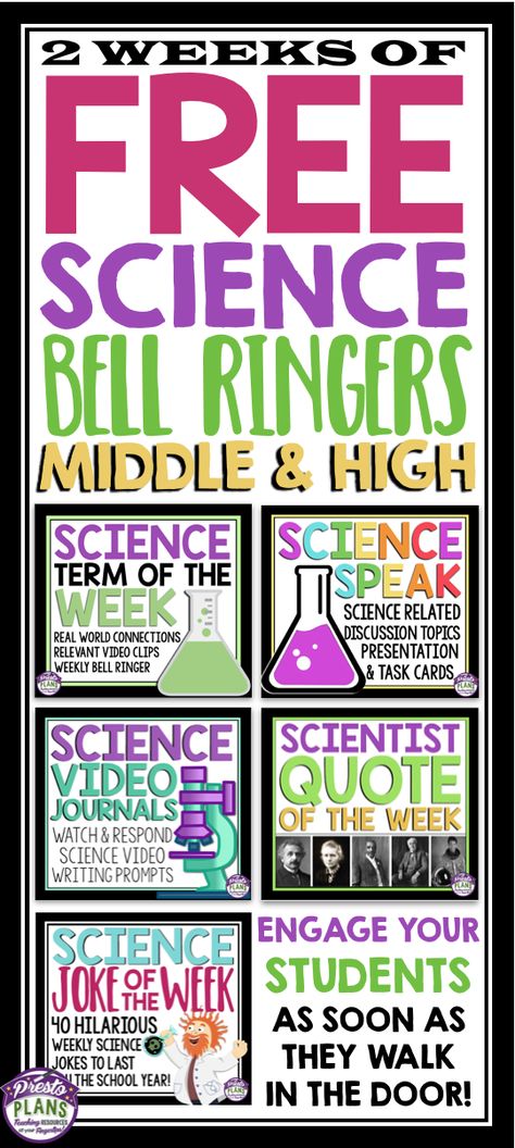 Use these two weeks of free science bell ringers / warm ups to begin each of… 8th Grade Science Classroom, Middle School Science Classroom Decor, Stem Bell Ringers, High School English Bell Ringers, Bell Ringers For Middle School, Science Bell Ringers Middle School, Bell Ringers For Middle School English, Science Bell Ringers, Middle School Science Activities