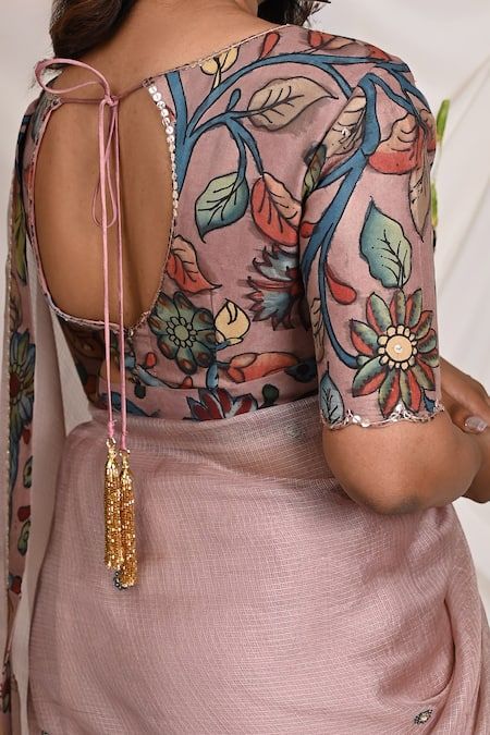 Buy Pink Silk Hand Painted Floral Kalamkari Leaf Neck Blouse For Women by AAMRA BY LAVANYA Online at Aza Fashions. Floral Blouses For Saree, Floral Blouse Designs Latest, Blouse Neck Patterns Indian, Saree Blouse Patterns Latest, Kalamkari Blouse Designs Latest, Border Blouse Designs, Blouse Models Latest, Simple Hand Work Blouse Designs, Latest Blouse Patterns