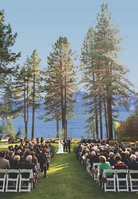 The Vault: Curated & Refined Wedding Inspiration - Style Me Pretty Lake Tahoe Wedding Venues, Lake Tahoe Resorts, Ceremony Decorations Outdoor, Wedding Ceremony Decorations Outdoor, Lakes In California, Lake Tahoe Weddings, Tahoe Wedding, Hyatt Regency, Lake Wedding