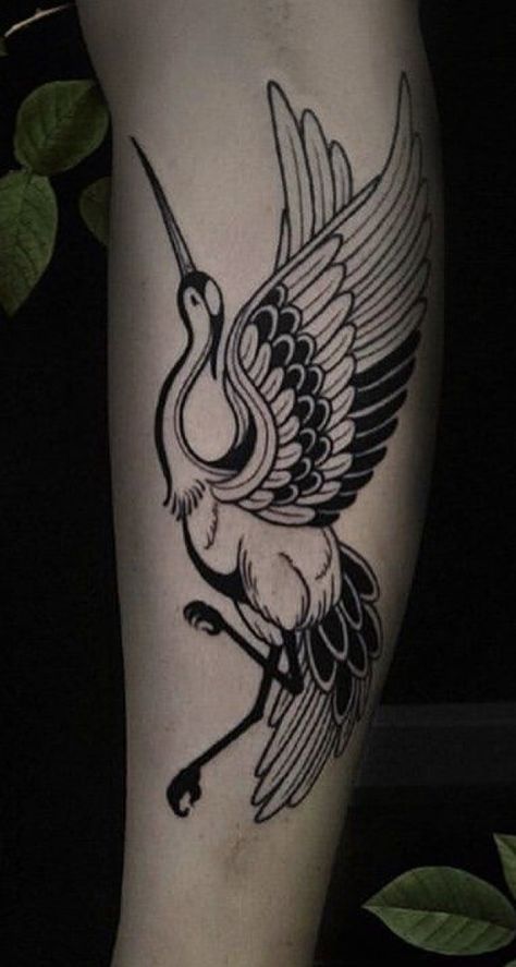 Crane Wings Tattoo, Crane Tattoo Leg, Crane Tattoo Japanese, Heron Tattoo Traditional, Japanese Crane Tattoo Design, Traditional Crane Tattoo, Crane Tattoo Design, Japanese Crane Tattoo, Star Sleeve Tattoo