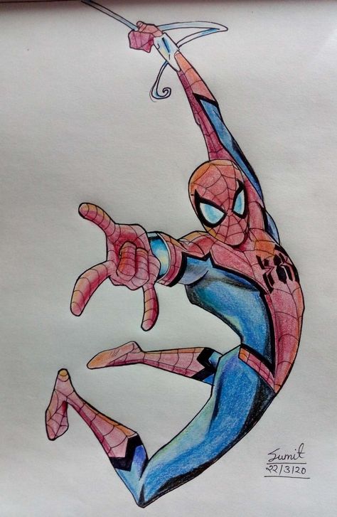 Spiderman Drawing Color, Marvel Spiderman Drawings, Spiderman Full Body Drawing, Cool Spiderman Drawings, Spiderman Swinging Drawing, Spiderman Cartoon Drawing, Spiderman Standing, Spider Man Drawing Sketches, Spiderman Drawing Ideas