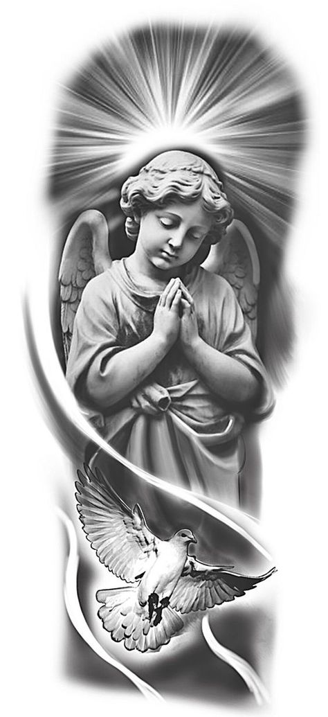 Angel In The Clouds Tattoo, Black And Grey Angel Tattoos, Engel Tattoo Design, Baby Angel Tattoo For Men, Praying Angel Tattoo Designs, Angel With Wings Tattoo, Angel Praying Tattoo, Angel Tattoo For Men, Guardian Angel Tattoo For Men