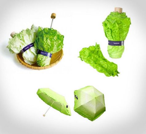 The Lettuce Umbrella or Vegetabrella is a fully functioning umbrella that looks just like a head of romaine lettuce. Obviously made in Japan, the lettuce umbrella is designed with wrinkled green fabri... Backpack Umbrella, Head Umbrella, Cool Umbrellas, Food Wastage, Umbrella Design, Vegetable Design, Coffee Holder, Funny Umbrella, Umbrella Designs