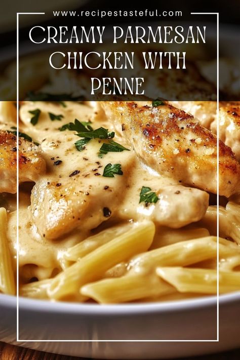 This Creamy Parmesan Chicken with Penne is a comforting dish featuring tender chicken and pasta coated in a rich, creamy Parmesan sauce. Perfect for weeknight dinners, it’s quick to prepare and sure to please the whole family! Creamy Parmesan Chicken With Penne, Pasta And Chicken Breast Recipes, Chicken And Penne Pasta, Chicken Penne Alfredo, Bird Recipes, Honey Baked Chicken, Chicken Penne Pasta, Pepperoni Chicken, Creamy Parmesan Chicken