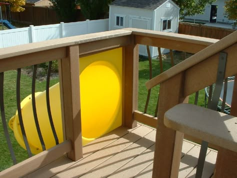 Kid's slide from a second story deck. Easy to install and you don't have to get an entire play set. Diy Slides, Second Story Deck, Deck Stairs, Backyard Playground, Diy Deck, Decks Backyard, Backyard Deck, Building A Deck, Kids Slide