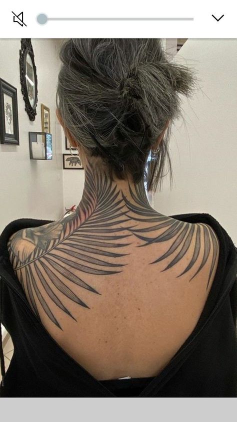 Palm Leaf Back Tattoo, Neck Leaves Tattoo, Leaf Back Tattoo Women, Back Tattoo Leaves, Leaves Back Tattoo, Symmetrical Tattoo Women, Leaf Neck Tattoo, Black Shoulder Tattoo, Leaf Shoulder Tattoo