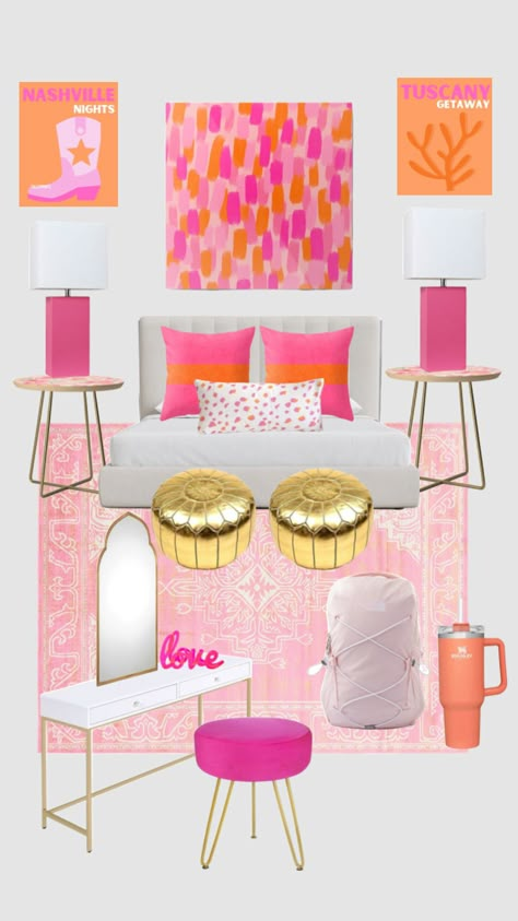 Shuffle Room Ideas, Pink And Orange Room Ideas, College Apartment Inspo Bedroom, Pink Preppy Dorm Room, Bright Color Bedroom, Pink And Orange Decor Dorm Room, Pink And Orange Bedroom Preppy, Bright Dorm Room, Room Decor Ideas Pink