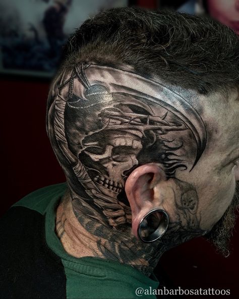 Grim Reaper Head Tattoo, Reaper Head Tattoo, Reaper Art, P Tattoo, Reaper Tattoo, Grim Reaper Art, Head Tattoo, Skull Pictures, Neck Tattoo For Guys