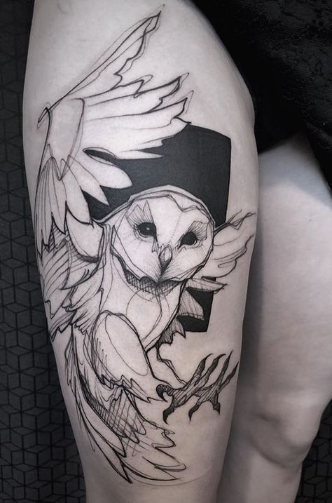 Owl Totem Tattoo, Labyrinth Owl Tattoo, Leonardo Divinci Tattoo, Owl Sketch Tattoo, Owl Tattoo Sketch, Owl Thigh Tattoos, Collioure France, Minnesota Tattoo, Tattoo Japonais